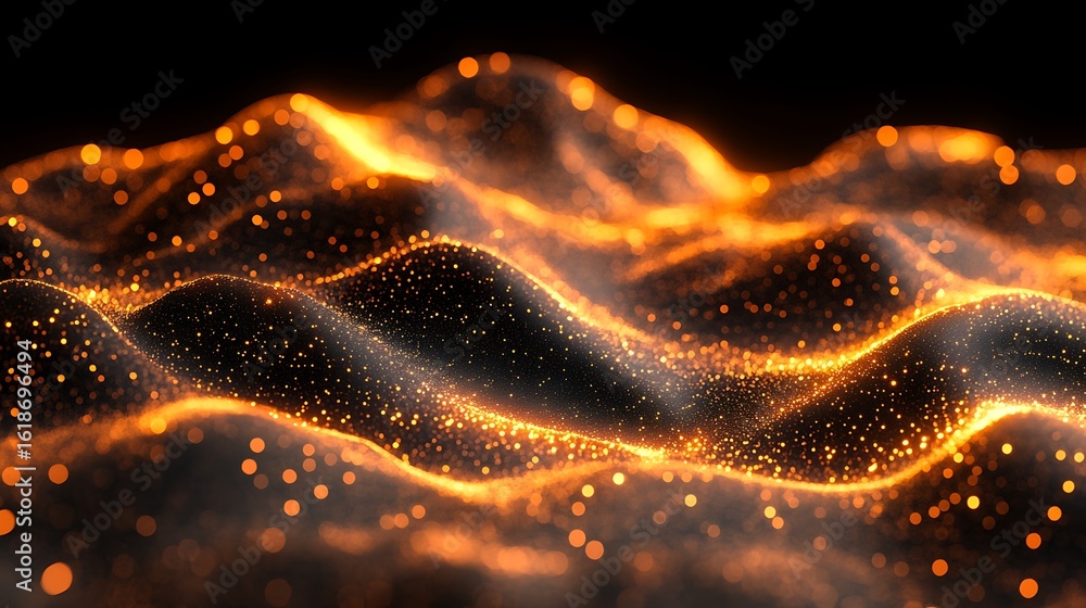 Poster abstract design of undulating patterns of glowing particles.