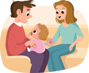 Happy parents sitting on sofa close together, smiling and relaxed with newborn baby on dad’s lap. Cozy family moment, early parenthood. Tender moment spending time together at home. 