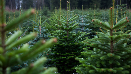 Rows of young evergreen trees in a forest nursery ready for harvest