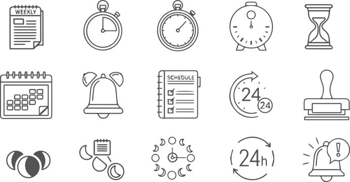 Timekeeping Devices Line Icons – Clocks, Watches, Timers, Stopwatch, Hourglass Vector Set