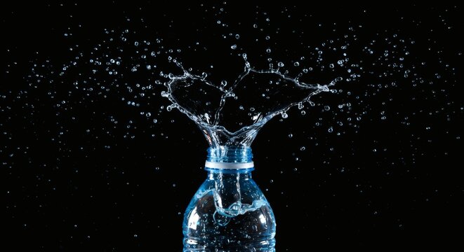 Water Explosion: Witness the dynamic burst of water exploding from a plastic bottle, captured in stunning detail against a contrasting backdrop.