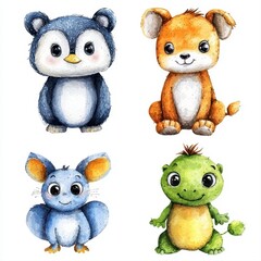 Fototapeta premium Adorable watercolor painting of four cute cartoon animals a penguin lion mouse and frog isolated on a clean white background perfect for children's book illustrations or whical