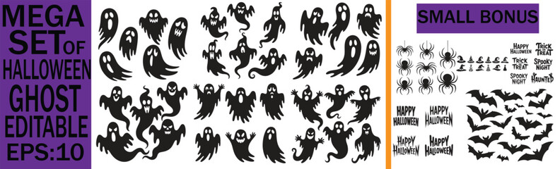 Collection of halloween themed images featuring ghosts spiders bats and halloween greetings designs
