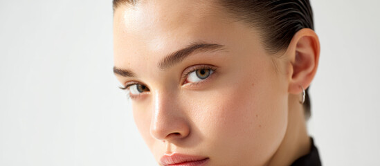 Close-up portrait of young woman with sleek hair, highlighting smooth skin and radiant complexion, reflecting meticulous skincare and wellness commitment