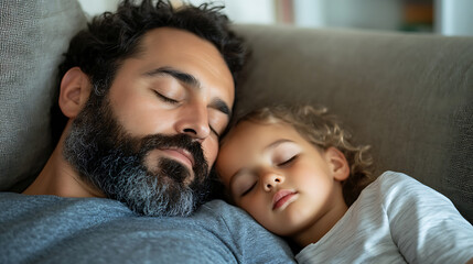 Restful nap with dad. A father and child peacefully sleeping together, sharing a moment of calm and love, nestled on a comfortable sofa.