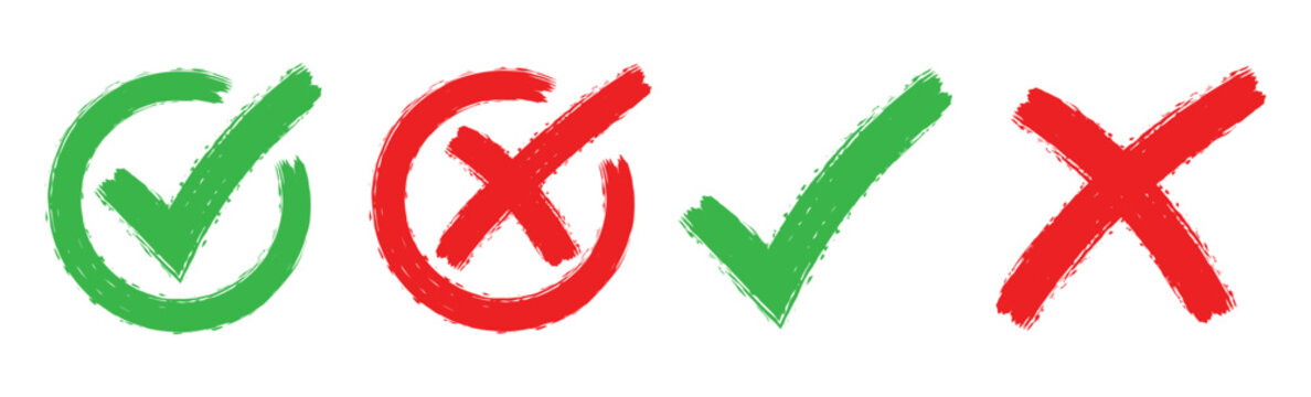 4 Check mark and cross signs. Grunge green check marks and red cross signs, check marks doodle set. brush correct or incorrect sign. 