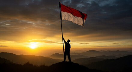 Dramatic silhouette of a man raising the Indonesian red‑and‑white flag atop a lush green hill at sunrise, symbolizing the 80th anniversary of Indonesia’s independence and a new dawn of national pride.