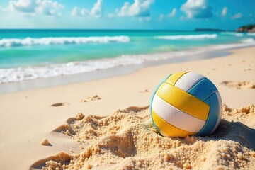 Obraz premium Sun-kissed sand, azure waves lapping the shore, and a volleyball ready for a game Perfect beach day vibes! Ideal for travel, summer, and sport themes , leisure, vacation, sun