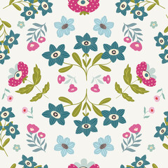 Fototapeta premium Whimsical garden floral seamless pattern, digital kids and fabric repeating background, printable scrapbook paper. Vector fantasy hand drawn digital paper, fabric print. 