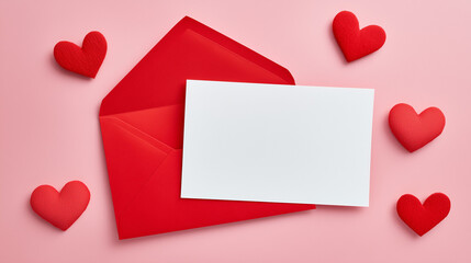 Creative and charming love letter scene with a red envelope and blank note card on pink — ideal for invitations, greetings, or heartfelt campaigns.

