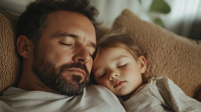 Father and Daughter Napping: A tender moment of rest as a dad and his young daughter peacefully sleep together, embracing the warmth of family.