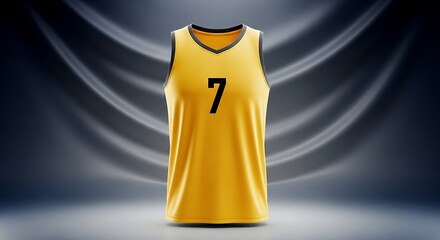 Stylish golden yellow basketball jersey with black number seven, presented in studio.