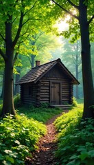 Rustic wooden hut nestled in a vibrant green forest clearing, sunlight dappling through leaves Perfect for nature, cabin, shelter, woodland themes , escape, organic