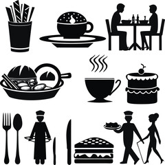 Silhouette Restaurant Icons Featuring Diners, Food, and Staff Depicted in a Minimalist Black and White Composition