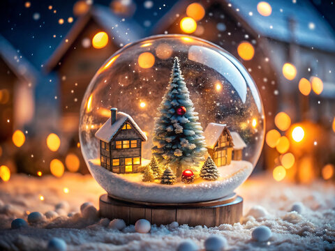 A magical christmas snow globe featuring a miniature village scene, evoking a sense of winter holiday wonder