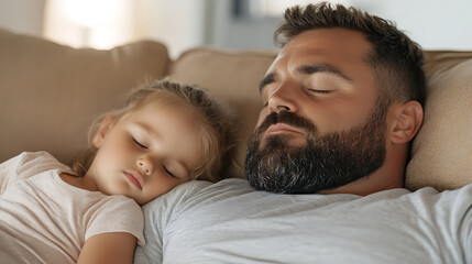 Fototapeta premium A tender moment frozen in time: A father and his young daughter peacefully sleeping together on a beige couch, a symbol of love, rest, and family bonding.