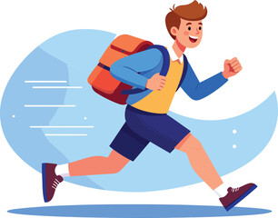 happy schoolboy with backpack running to class, excited for education and back to school