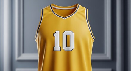 A vibrant yellow basketball jersey featuring the number ten is showcased in studio lighting.