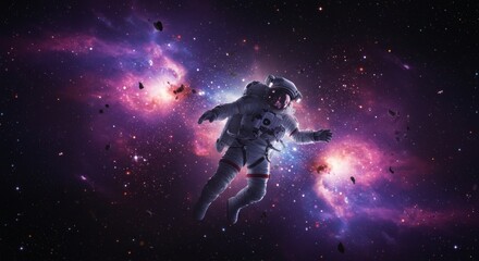 Astronaut's Cosmic Voyage: An astronaut, clad in a spacesuit, drifts weightlessly amidst the swirling cosmic tapestry of stars, nebulae, and celestial wonders, a breathtaking view of the outer space.