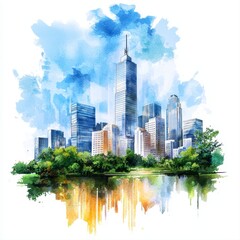Fototapeta premium A picturesque watercolor painting depicts a vibrant modern cityscape reflecting in a calm lake showcasing a smart city skyline with tall buildings and lush green parkland.