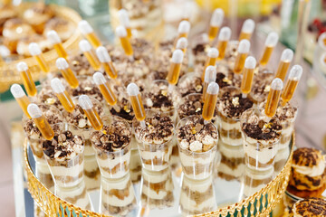 Catering service preparing delicious tiramisu desserts with coffee topping using pipette