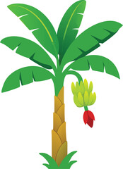 Stylized Banana Tree with Green Leaves, Yellow Fruit, and Red Blossom