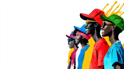 A vibrant watercolor illustration showcases a diverse group of smiling young adults wea colorful hats and sunglasses, radiating joy and youthful energy in a high-quality