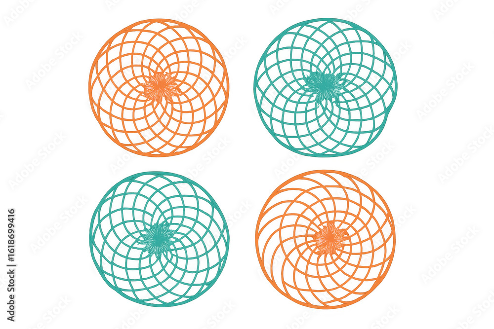 Poster four turquoise and orange rotating spirals creating a hypnotic effect on a transparent background
