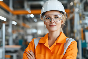 Woman in safety gear at industrial workplace. She wears a hard hat and protective glasses, arms crossed, with a smile and a confident look.
