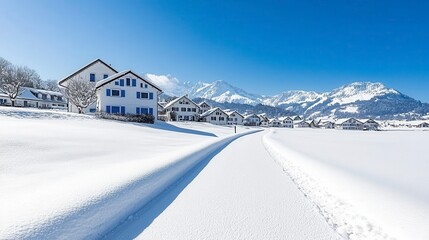 A picturesque snow-covered road winds through a charming village led in a stunning alpine valley, offe a breathtaking winter landscape scene with snow-dusted houses and