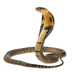 Fototapeta premium A striking cobra with its hood flared, poised and ready to strike on a plain transparent background