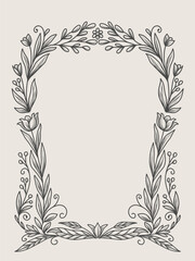 Vintage floral frame or cover. Botanic design elements in lineart and classic style, leaves branches and blooming print for poster, social media and packaging
or greeting card.