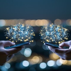A close-up shot depicts two hands holding smartphones, connected by glowing digital communication networks symbolizing instant messaging, social media interaction, and live chat