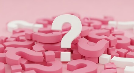 Heap of Pink Question Marks with One Prominent White Question Mark Emphasizing Uncertainty and Confusion in a Pastel Pink Setting