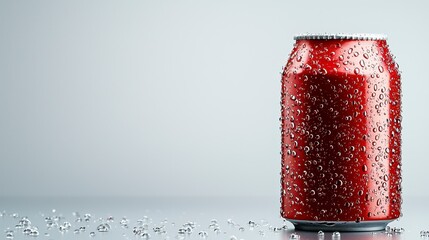 A refreshing red aluminum soda can covered in condensation droplets sits on a reflective surface against a light gray background perfect for advertising a soft drink product.