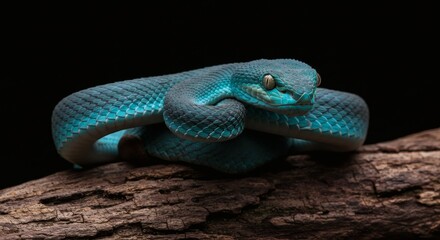 Fototapeta premium Azure Viper: A striking image of an iridescent azure viper coiled gracefully on a weathered branch, showcasing the captivating beauty and intricate textures of the serpent in its natural environment.