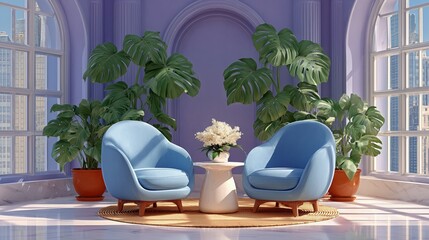 3D illustration of modern interior lounge with luxury city view