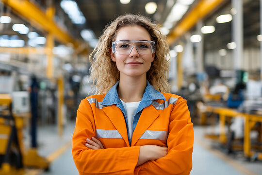 Confident woman in safety gear at industrial facility. Engineering professionalism shines through in this determined worker.