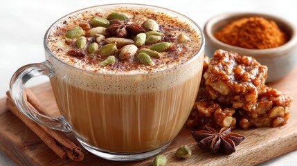 Aromatic Masala Chai Latte with Spices and Sweet Nut Brittle Treat