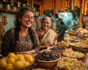 Fototapeta premium Women laughing together while preparing vegetarian feast for Krishna Janmashtami, surrounded by bowls of sweets and fruits.