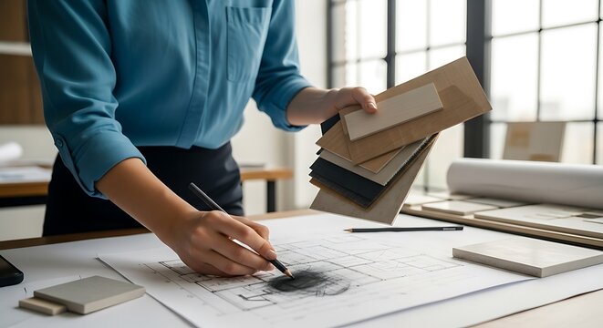 Interior Designer Working on Architectural Plans with Material Samples in Modern Office Space Creating Detailed Home Design Concepts