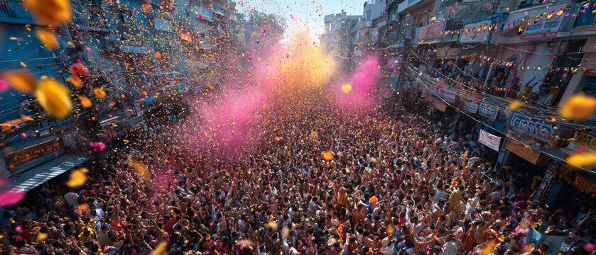 Massive crowd celebrating Dahi Handi event during Krishna Janmashtami, everyone smiling, clapping, and cheering as the human pyramid rises. 