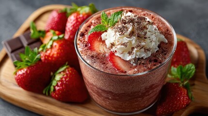 Delicious Chocolate Strawberry Smoothie with Whipped Cream and Mint