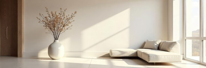 Serene minimalist living room with a single sculptural vase and a neutral color palette, emphasizing clean lines and simple elegance , potted plant, form