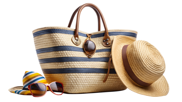 Stylish straw beach bag with sunglasses and hat, perfect for a summer vacation, isolated on transparent background