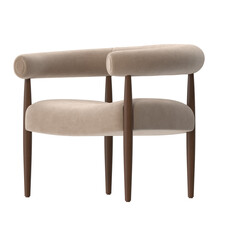 Modern Beige Fabric Armchair, Rounded Cylindrical Design, Low Angle Perspective 3D Render