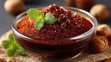 Chocolate Dessert in Glass Bowl Garnished with Mint and Salt Close-Up