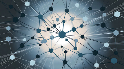 Abstract network of interconnected nodes and lines with a bright center