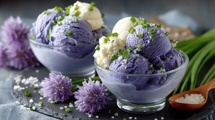 Ube and Vanilla Ice Cream Bowls with Chives and Sea Salt Flakes