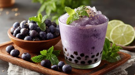 Refreshing Blueberry Boba Slush with Mint and Lime, Summer Drink